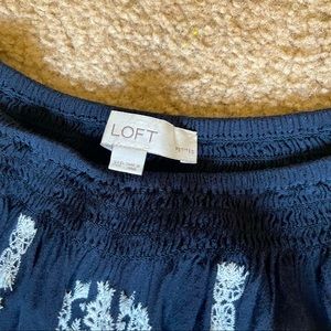 LOFT Off the shoulder navy embroidered dress